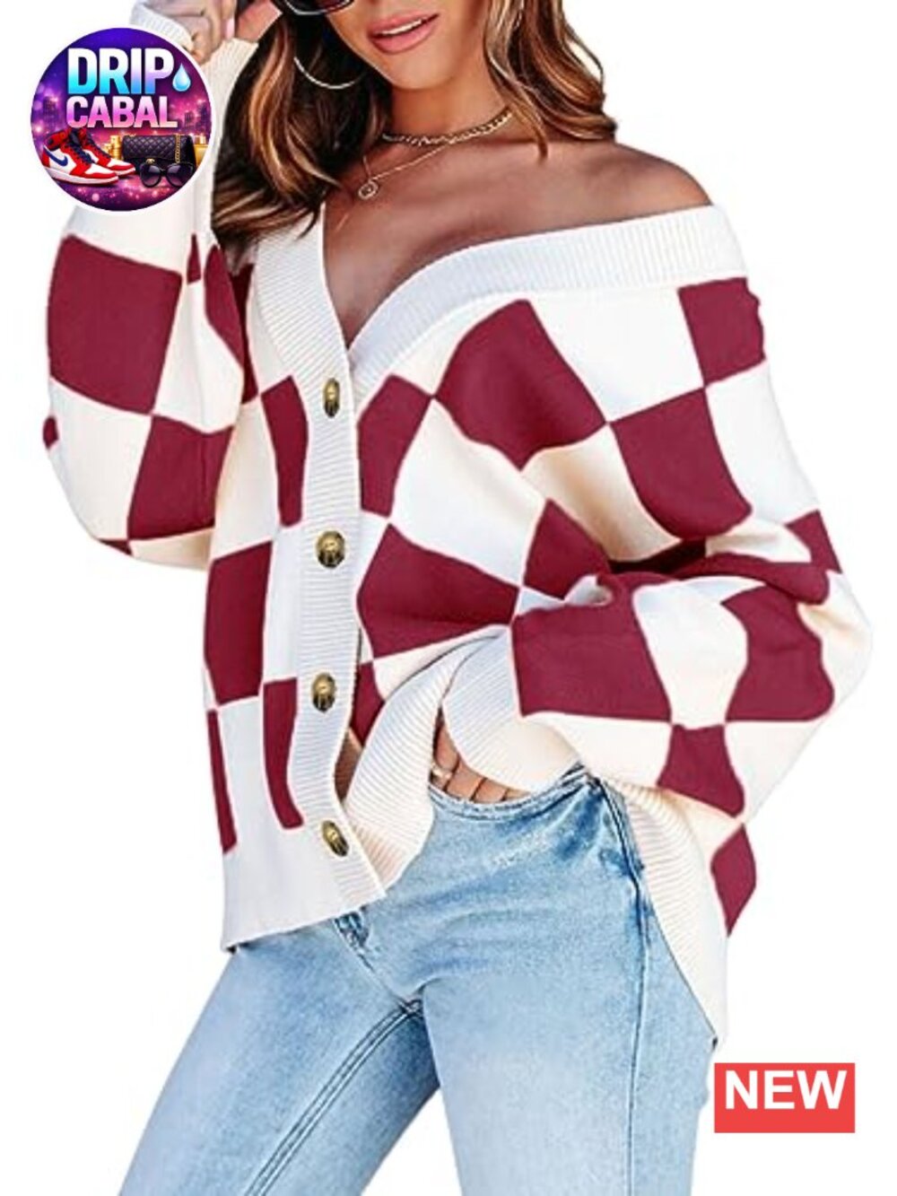 Women's Long Sleeve Plaid Cable Knit Cardigan V-Neck Button Down Oversized
